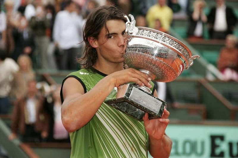 Rafael Nadal lifting his first French Open trophy